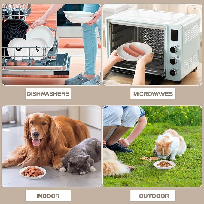 6 Pack Cat Food Bowl, Ceramic Cat Bowls, Anti Whisker Fatigue Cats Bowl Set,5.5 Inches Shallow Wide Kitten Plates for Food and Water (Cat's Paw+Fishbone)-PurrikoPets