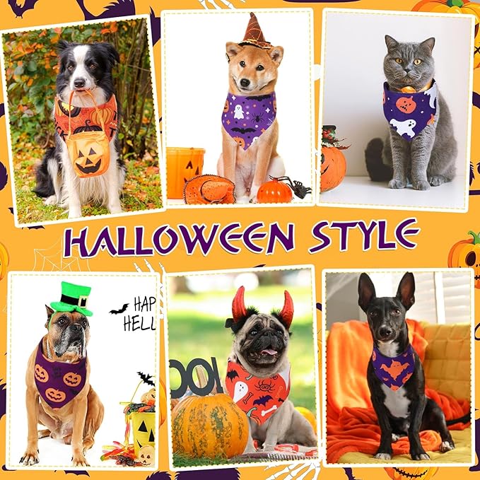Abbylike 200 Pcs Halloween Dog Bandanas Bulk Pumpkin Bandanas for Dogs Pets Triangle Kerchief Bibs Scarf for Halloween Costume Photo Props Accessories Pet Shops Adoption Events Groomers, 25 Styles-PurrikoPets