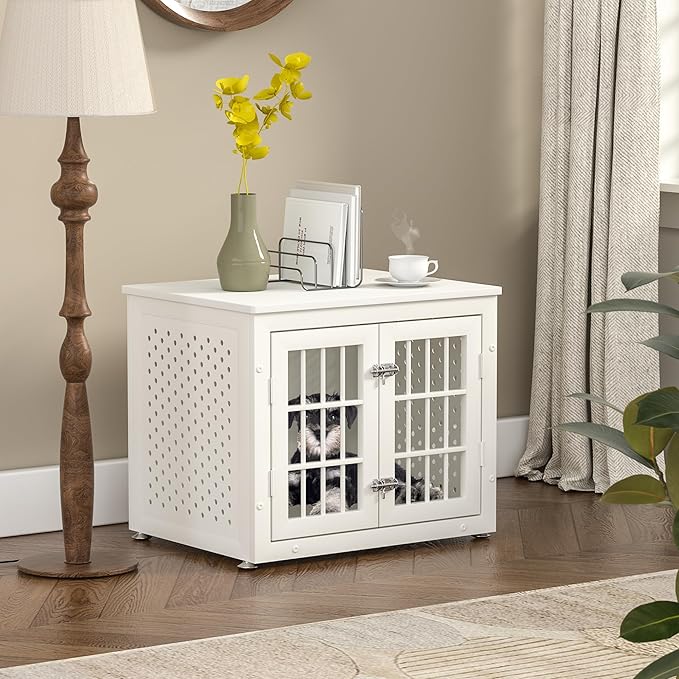 26" Heavy Duty Dog Crate Furniture for Small Dogs, Metal Kennel for High Anxiety Dogs, Chew Proof Pet Cage Indoor, Decorative Kennel End Table, White-PurrikoPets