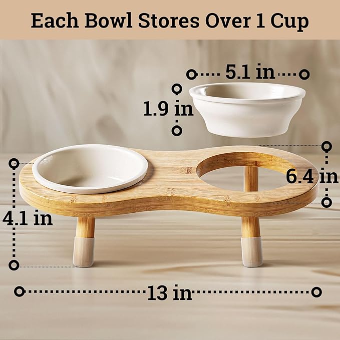 Elevated Cat Bowls - Set of 2 Ceramic Pet Food Bowls with Anti-Slip Bamboo Stand - 15 Degree Titled - Raised Dog Bowl for Small Dogs - Raised Cat Bowl Stand - Pet Feeding Station for Cats & Small Dogs-PurrikoPets