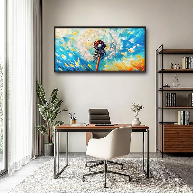Extra Large Abstract Dandelion Framed Wall Art for Living Room,Oversized Colorful Dandelion Flower Pictures Wall Decor,Blue Canvas Print Painting Modern Artwork Bedroom Office Bathroom 60L" x 30W"-PurrikoPets