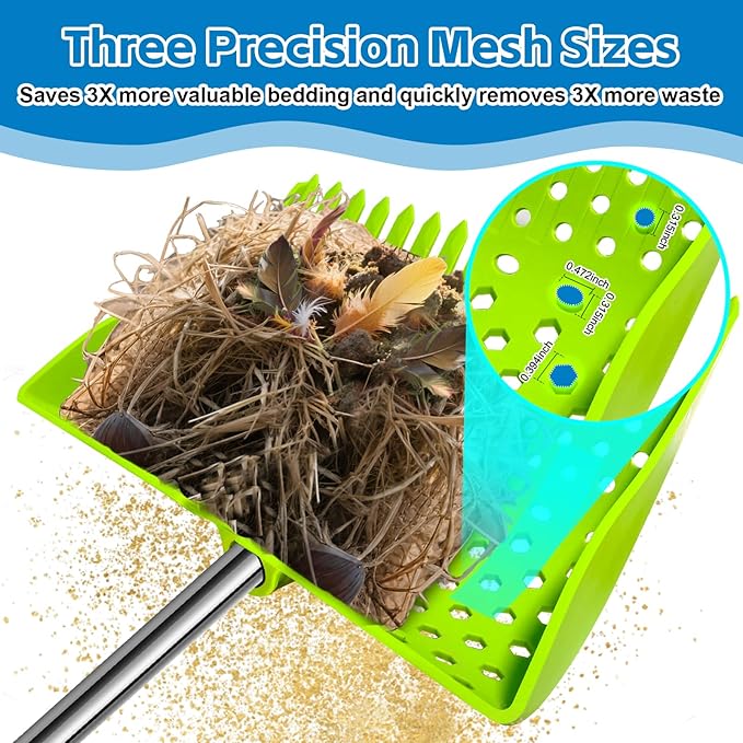 12-Inch 2-in-1 Chicken Poop Scooper & Rake – US Patent Pending – 3-Shape Sifting Holes Chicken Coop Rake,Stainless Steel Handle (20–61")– Litter Scoop Sand & Sifting Shovel for Chicken Coops(Green)-PurrikoPets