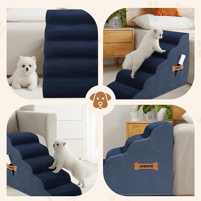 Dog Stairs, Romrol Dog Steps Ramp for High Bed and Couch, Dogs Ramp with Durable Non-Slip Waterproof Fabric Cover, Pet Stairs for Small Dogs and Cats or Pets Joints, 4-TiersNay-PurrikoPets