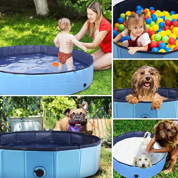 Foldable Dog Bath Swimming Pool Plastic Kiddie Pool Professional Tub Collapsible Grooming Bathtub for Pets Kids Baby and Toddler, 32 x 8 Inches Blue-PurrikoPets