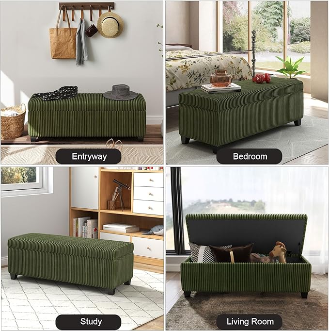 48" Green Ottoman with Storage, Corduroy Storage Ottoman Bench for Bedroom, End of Bed Bench with Safety Hinge for Living Room, Entryway-PurrikoPets