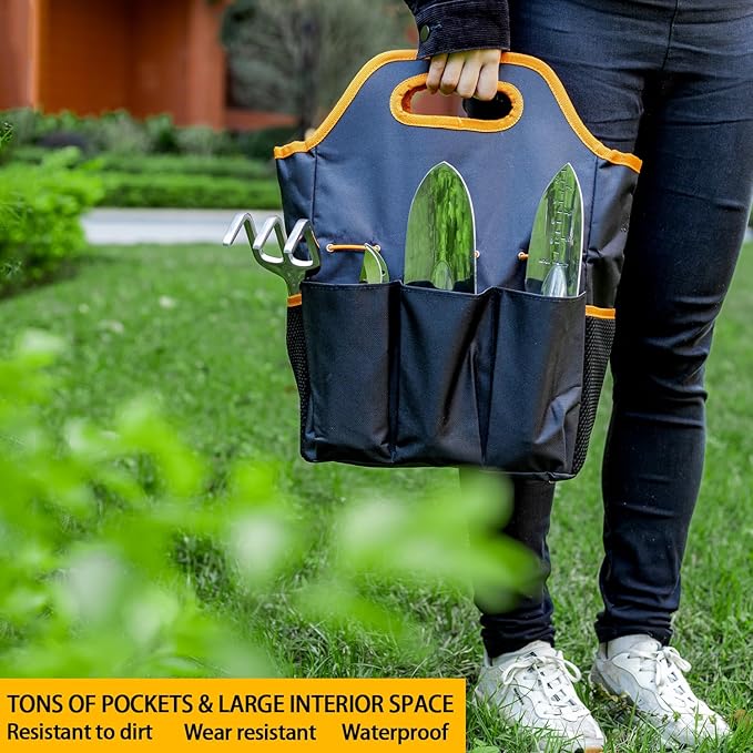 ESOW Garden Tool Set 7 PCS, Includes Cast-Aluminum Heavy Duty Hand Trowel, Transplant Trowel, Hand Rake, SK-5 Steel Gardening Scissor, Plant Tie, Bag & Gloves, Tool Kit Gifts-PurrikoPets