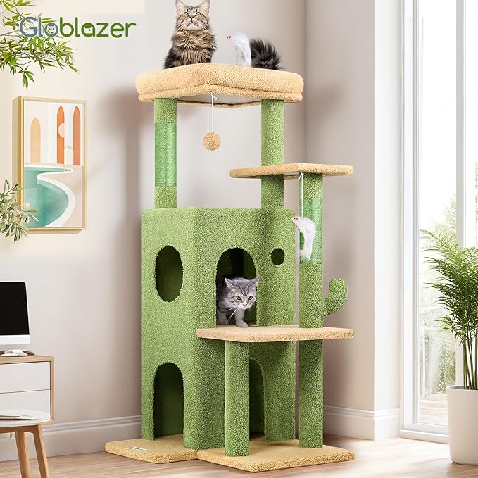 Globlazer Cactus Cat Tree Tower for Indoor Cats, 50-inch Adult Cat Tree House for Large Adult Cats with Steps, Scratching Post, 2 Cat Caves, Dangling Toys, FC50, Green-PurrikoPets