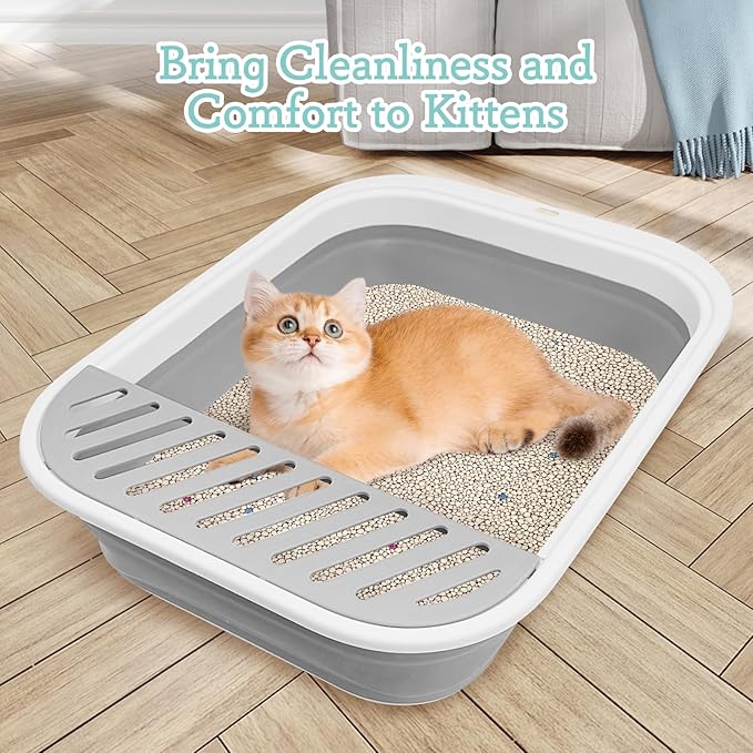 Fhiny Cat Litter Box Portable Shallow Litter Box 17.7"x13.4"x4.9" Foldable Cat Toilet with Scoop Open Kitty Potty Pan with Litter Drop Pedal Easy to Clean Travel Kitten Toilet(Gray)-PurrikoPets
