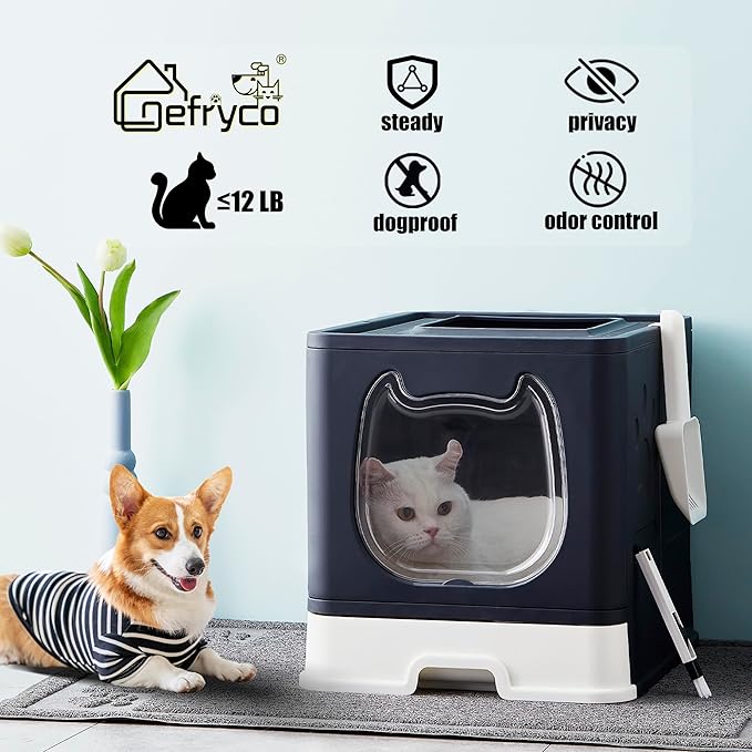 Gefryco Litter Box with Lid for Small to Medium Cats, Enclosed Cat Litter Box with Cover,High Sided Top Entry Cat Box with Brush and Scoop, Cute Kitty Litter Pan with Drawer for Growing Kitten(Black)-PurrikoPets