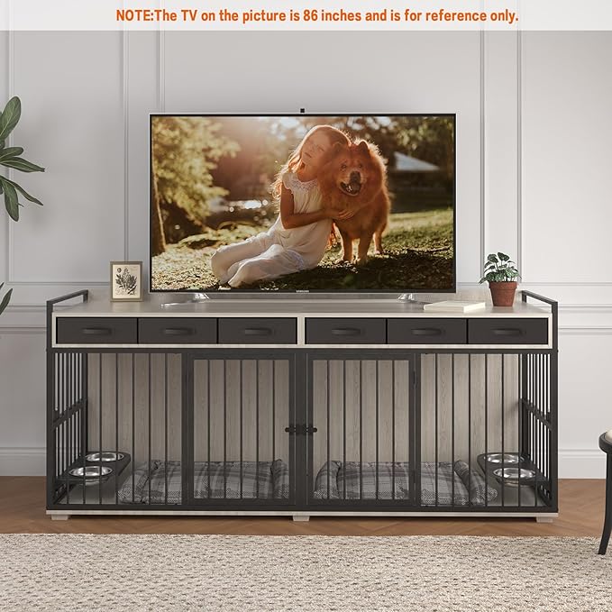 86.6inch Dog Crate Furniture with Storage,Furniture Style TV Stand Dog Kennel for 2 Dogs,with 6 Drawers,Removable Divider&Adjustable Bowls,Heavy Duty Metal Chew-Resistant Dog Crate Furniture-PurrikoPets