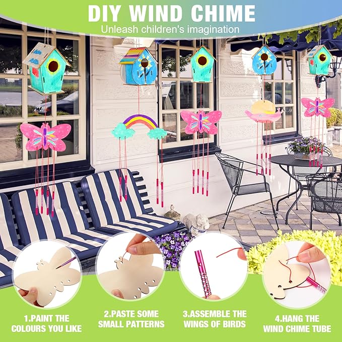 30 Pcs Crafts DIY Bird House Wind Chime Kit Unfinished Wood Birdhouse Kits 12 Wooden Birdhouses & 18 Wind Chimes Build and Paint Birdhouses Bulk Crafts Set-PurrikoPets