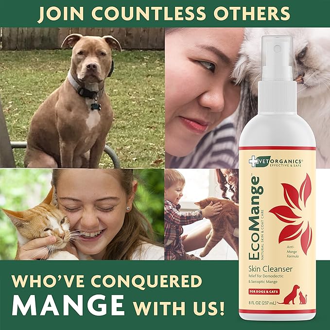 EcoMange Mange Relief for Dogs & Cats – 8 Oz. Cat & Dog Itch Relief, Sarcoptic & Demodectic Mite Spray – Herbal Extract & Essential Oil Itch Relief for Dogs – Natural Cat & Dog Sprays by Vet Organics-PurrikoPets
