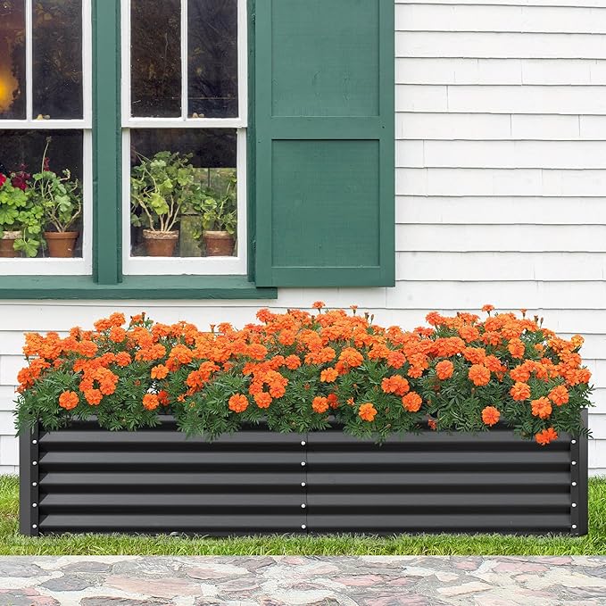 Domi Raised Garden Beds Outdoor, 8x4x1.5Ft Thickening Tall Metal Rectangular Deep Root Box Planter for Vegetables, Flowers, Herbs, and Succulents 1.5" Deep w/ 342 Gallon Capacity - Dark Gray-PurrikoPets