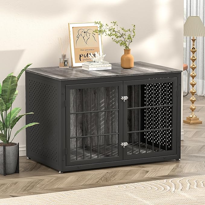 48" Heavy Duty Dog Crate Furniture for Extra Large Dogs, Metal Cage for High Anxiety Dogs, Wooden Kennel Furniture Indoor, Decorative Dog Kennel End Table, XL-PurrikoPets