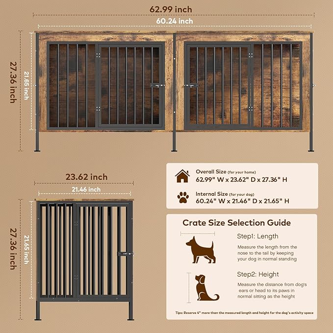 63 in Dog Crate Furniture for 2 Large/Medium Dogs with Removable Divider, Extra Large Double Doors Dog Kennel, XXL Thick Wooden Dog Cage Furniture,Sturdy and Durable, Brown-PurrikoPets