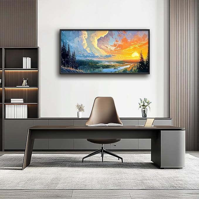 Framed Large Sunrise Wall Art for Living Room, Oversized Sunrise Wall Decor Forest Lake Landscape Canvas Print Natural Picture Home Decoration for Bedroom Living Room Office 60"x30"-PurrikoPets