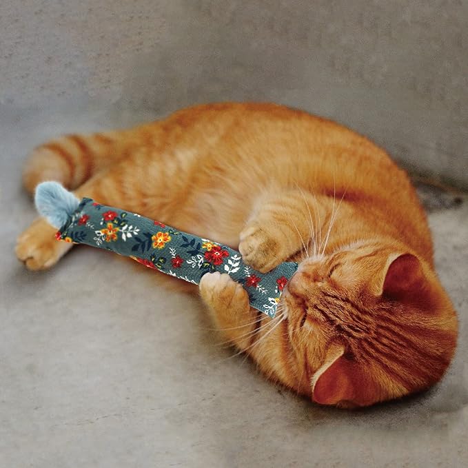 2 Pack Natural Interactive Catnip & Silvervine Cat Kicker with Feathers, Bite Resistant Chew Toy, Crinkle Kicker, Accessories for Indoor Cat, Premium Corduroy Floral-PurrikoPets