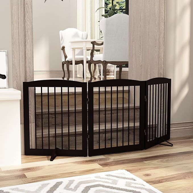 Freestanding Pet Gate for Dogs, Foldable Wooden Dog Gate for House, Indoor Dog Gate for Doorways, Stairs, Gates for Dogs Indoor, Support Feet Included, 24" Height 3 Panels, Brown-PurrikoPets