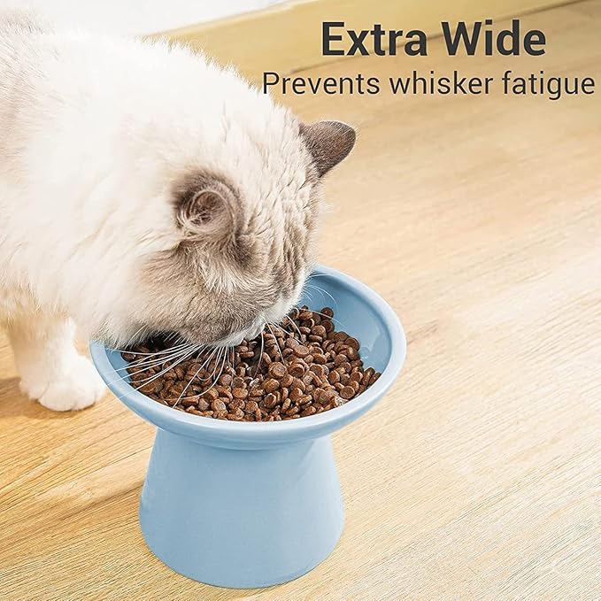 Extra Wide Elevated Ceramic Cat Bowl, 6.2" Shallow Dish for Whisker Fatigue Relief, 5" Height for Easy Feeding, Durable Raised Cat Food Bowls, Pack of 2, Blue-PurrikoPets