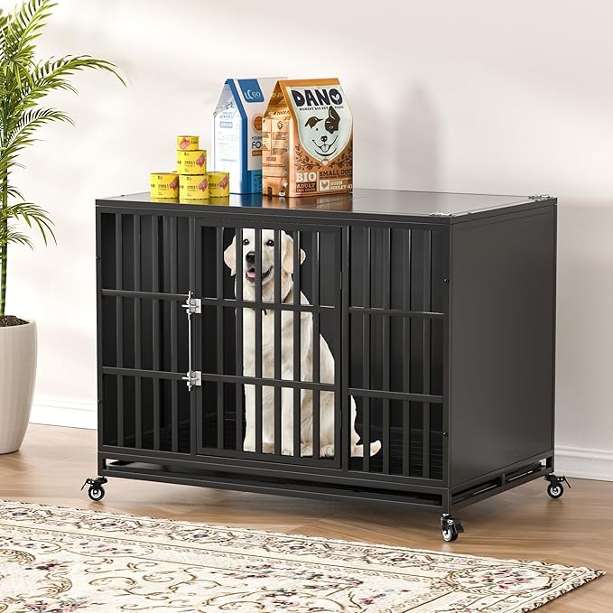 48 inch Heavy Duty Dog Crate with Self-Locking Latch, Indestructible Large Steel Kennel with Enclosed Design, Escape-Proof and Chew-Proof Pet Cage for High Anxiety Dogs-PurrikoPets
