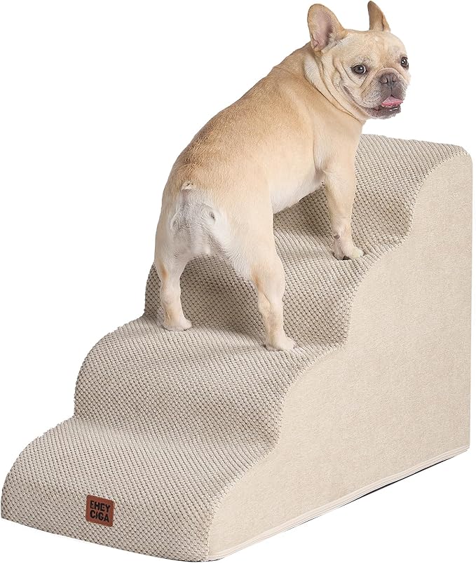EHEYCIGA Curved Dog Stairs Ramp for High Beds 19.7" H, 4-Step Dog Steps for Small Dogs and Cats, Pet Stairs for High Bed Climbing, Non-Slip Balanced Pet Step Indoor, Beige-PurrikoPets
