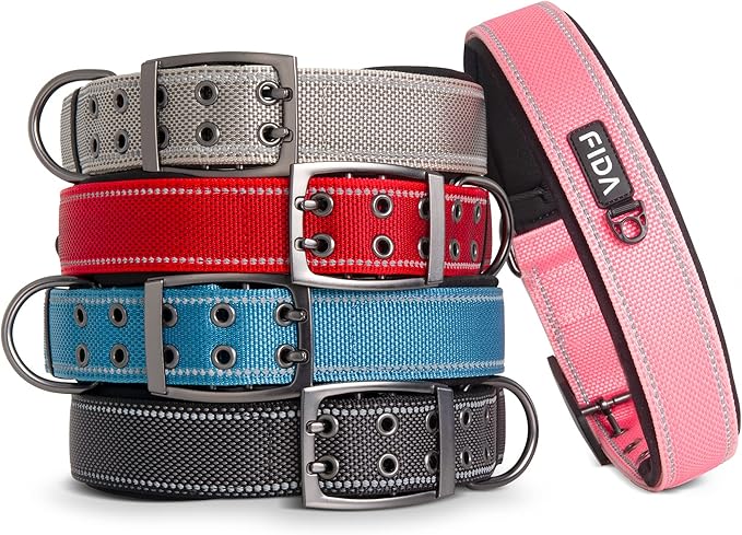 Fida Heavy Duty Dog Collar 1.5” Width, Ultra Soft Neoprene Padded, Adjustable Reflective Nylon Pet Collar with Two Metal Pin Belt Buckle for Large/X-Large Breeds (XL, Black)-PurrikoPets