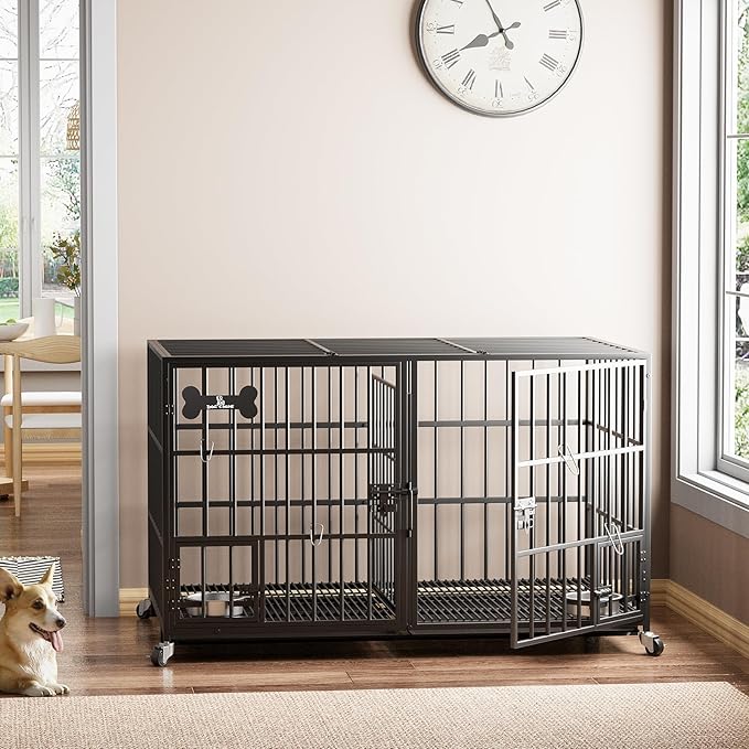 54 inch XL Dog Crate for Large Dog/Double Medium Dogs,Heavy Duty Metal Dog Cages,All Metal Open Top,Dog Kennel Indoor with Wheels,Floor Grid, Tray, Divider and Feeding Bowl-PurrikoPets