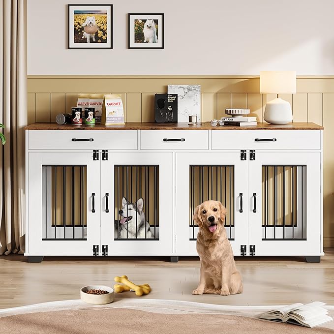 71 Inch Dog Crate Furniture for 2 Rooms, Wooden Double Crate Large Breed with Door, Dog Kennel Indoor, TV Stand End Table with Divider for Large Medium Dogs,White/Brown-PurrikoPets