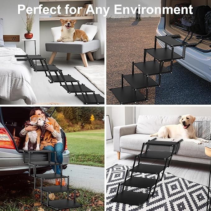 Extra Wide 5 Steps Dog Stairs for Large Dogs, Foldable Dog Ramp for Car with Non-Slip Surface, Lightweight Dog Stairs for Cars, Dog Steps for Cars, SUV, High Beds, Truck, Supports up to 250 lbs-PurrikoPets