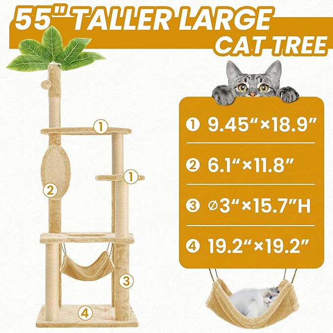 55 Inch Large Cat Tree Tower for Indoor Cats with Hammock Green Leaves Sisal Scratching Post, Plush Hang Ball Play Furniture for Kittens & Adult Cats, New Beige-PurrikoPets