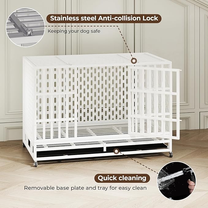 48 Inch Heavy Duty Indestructible Dog Crate Steel Escape Proof, Indoor Double Door High Anxiety Cage, Kennel with Wheels, Removable Tray,White,Extra Large XL XXL-PurrikoPets