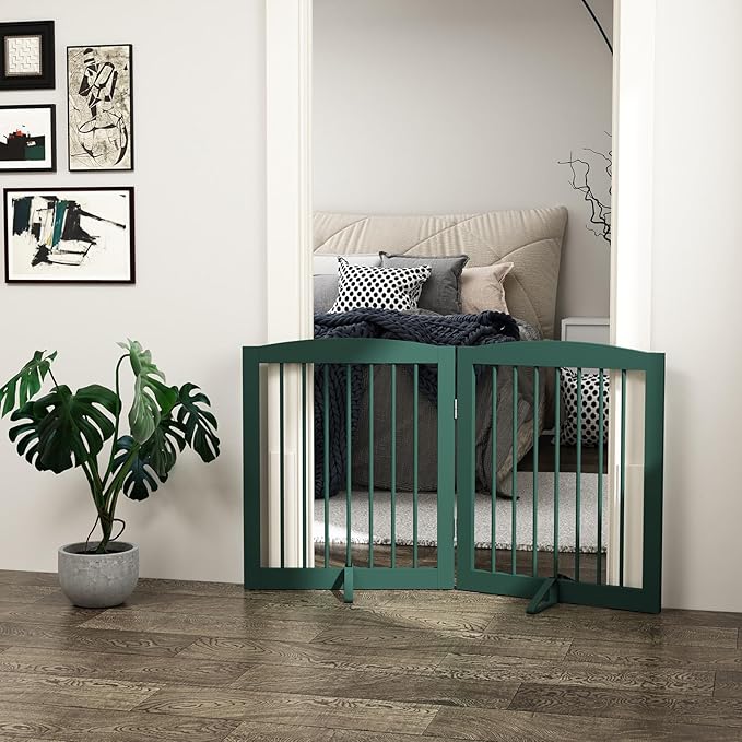 Freestanding Pet Gate for Dogs, Foldable Wooden Dog Gate for House, Stairs, Doorways, Step Over Pet Puppy Safety Fence,Support Feet Included,24" Height 2 Panels, Green-PurrikoPets
