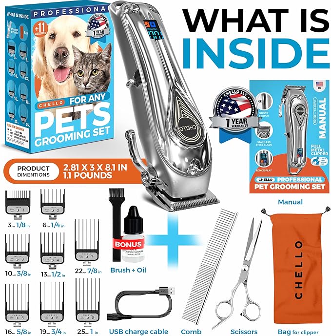 Full Metal Professional Dog Clippers for Grooming, Rechargeable, Low Noise Cordless, Pet Hair Clippers for Large Dogs, Heavy Duty Use with LED Display-PurrikoPets