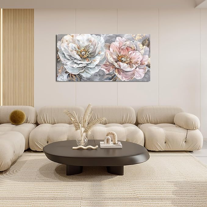 Extra Large Flower Wall Art Pink and White Floral Canvas Living Room Golden Pictures Framed Prints Oversize Wall Decor Big Painting Artwork for Bedroom Dining Office Home 60"x30"-PurrikoPets