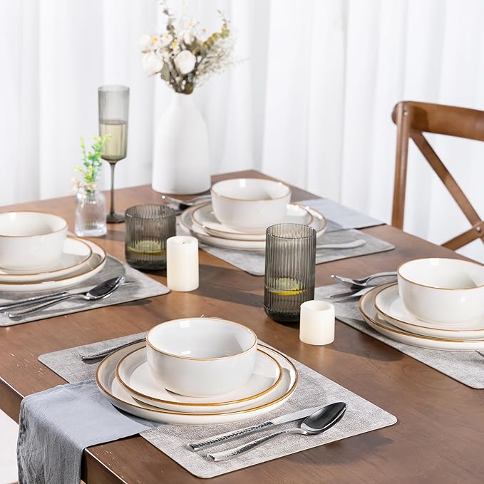 GBHOME Ceramic Dinnerware Sets for 4, 12 Pieces Stoneware Plates and Bowls Sets, Scratch Resistant Dishes, Dishwasher & Microwave Safe, Reactive Glaze-White-PurrikoPets