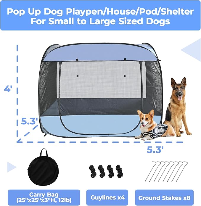 EighteenTek XLarge Popup Portable Dog Houses, 5.3'x4'H Assembly-Free Gazebo-Style Dog Cot Cat Playpen Screen Pet Tent Sun Shade Shelter Dog Bed with Canopy for Outdoor, Anti-Bugs with Leakproof Bottom-PurrikoPets