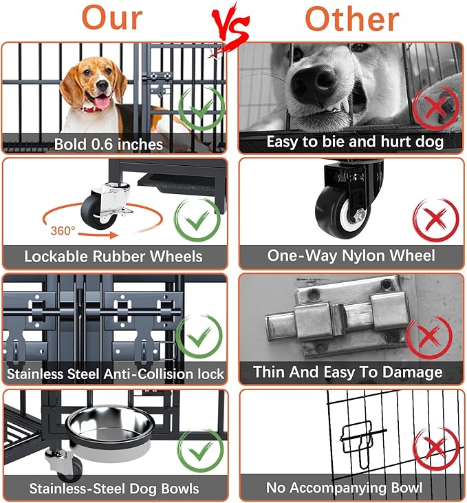 aboxoo 42 inch Stackable Heavy Duty Metal Dog Crate for 4 Dogs/Large Dog,All Metal Open Top Access,Escape Proof Cage,Dog Kennel Indoor with Wheels,Floor Grid, Tray, Divider and Feeding Bowl-PurrikoPets