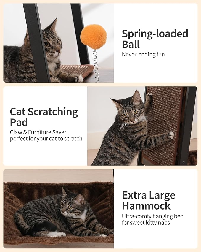 FourFurPets Modern Cat Tree, 58-Inch Cat Tower for Large Cats, Maine Coon Cat Tree with Scratching Board, Large Perch, Hammock and Removable Pads, Rustic Brown-PurrikoPets