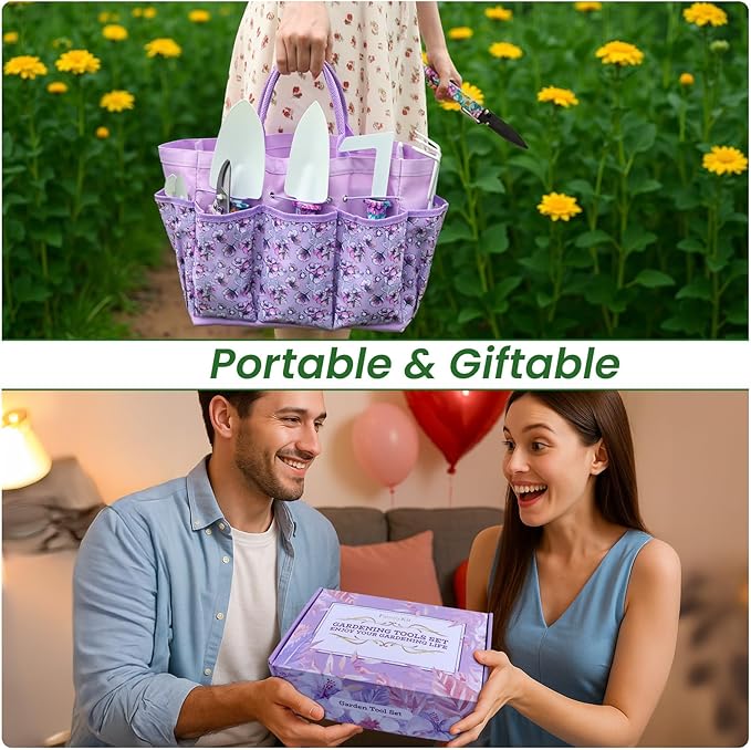 Gardening Tool Set 10-Piece, Heavy Duty Garden Tool Set with Purple Floral Tote Bag and Gift Box, Gardening Tools Kit with Ergonomic Non-Slip Handle, Ideal Gardening Gifts for Women Mom-PurrikoPets