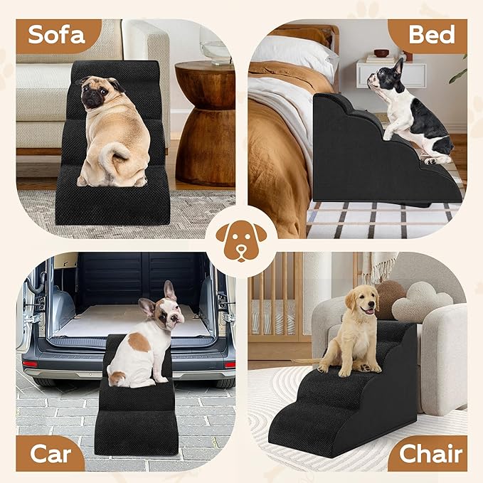 Dog Stairs, Romrol Dog Steps Ramp for High Bed and Couch, Dogs Ramp with Durable Non-Slip Waterproof Fabric Cover, Pet Stairs for Small Dogs and Cats or Pets Joints, 4-TiersBlack-PurrikoPets