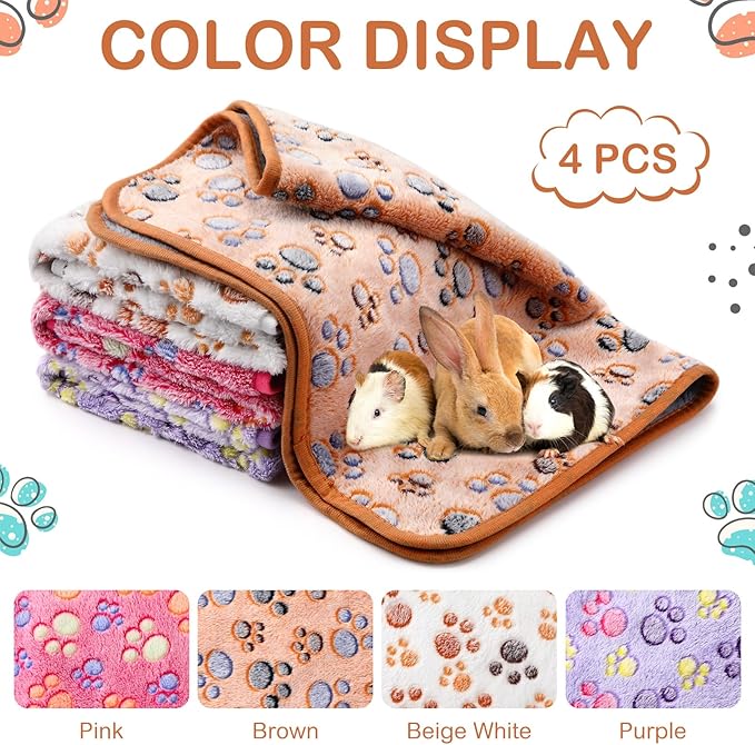 4 Pcs Waterproof Guinea Pig Blankets Washable Small Animal Fleece Bedding Absorbent Guinea Pig Cage Liners Reusable Pet Pee Pad Sleep Mat Pad Cover for Hamster Ferret (Paw Print, 18 x 13 Inch)-PurrikoPets