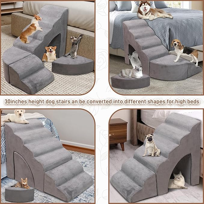 Foam Dog Stairs & Steps Ramps for High Beds 30 inches Tall for Small Dogs and Cats, LitaiL 6 Step Pet Stairs Steps for High Beds 30 inch Large Dogs, Non-Slip Dog Ramps for Older Cat-PurrikoPets
