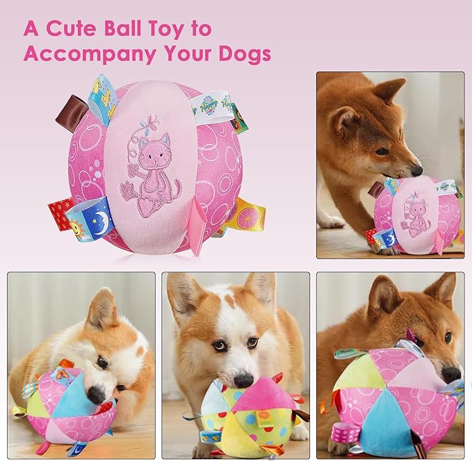 Dog Squeaky Plush Toy with Straps, 6-Inch Soft Stuffed Ball with Cotton Material and Bell Built-in, Pet Interactive Fetch Toy for Small to Large Dog-PurrikoPets