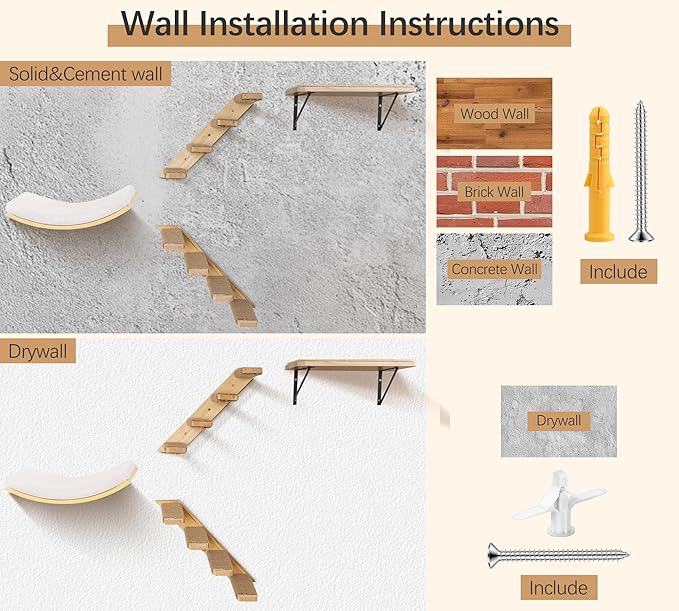 4-Piece Cats Wall Furniture with Cat Window Perch – Wood Wall Mounted Cat Shelves Set with Foam-Padded Curved Bed, Flat Perch & 4-Step Cats Stairs-PurrikoPets