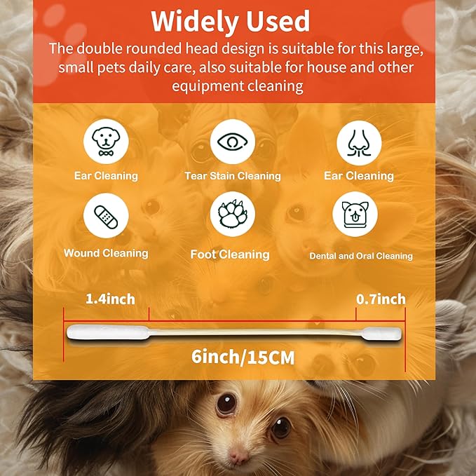 300 PCS 6 Inch Long Cotton Swabs in Box - Professional Large Cotton Swabs with Bamboo Handle - Double Sided Dog Ear Swabs - Specially Designed Big Cotton Swabs for Dog Ear, Cleaning Solution-PurrikoPets