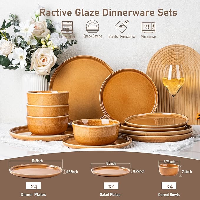 GBHOME Ceramic Dinnerware Sets for 4, 12 Pieces Stoneware Plates and Bowls Sets, Scratch Resistant Dishes, Dishwasher & Microwave Safe, Reactive Glaze-Amber-PurrikoPets
