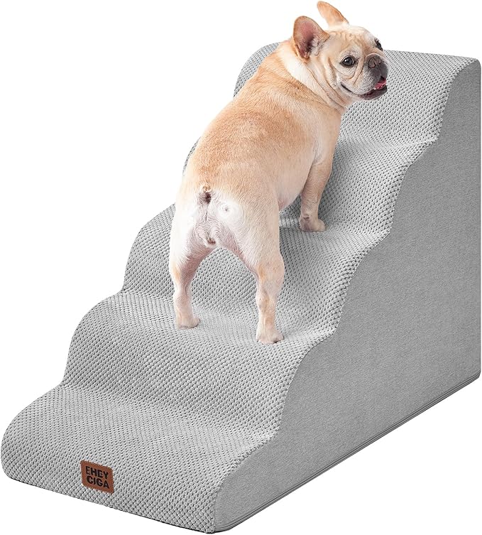 EHEYCIGA Curved Dog Stairs Ramp for High Beds, 5-Step Extra Wide Dog Steps for Small Dogs and Cats, Pet Stairs for High Bed Climbing, Non-Slip Balanced Pet Step Indoor, Light Grey-PurrikoPets