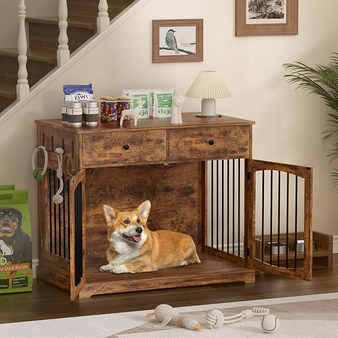40 Inch Furniture-Style Dog Crate-Multipurpose Wood Pet Crate Furniture with Double Doors,2 Drawers, Decorative Dog House Indoor for Smal/Medium Dogs, Brown Finish-PurrikoPets