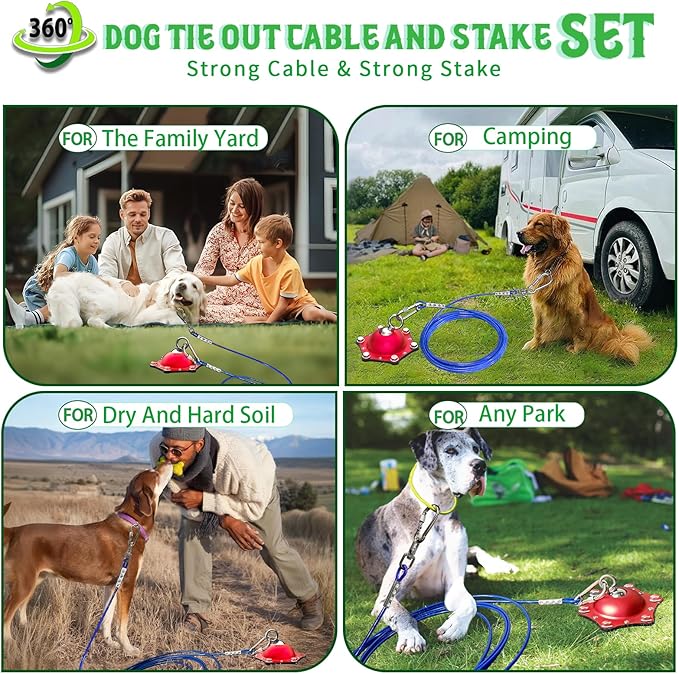 Dog Tie Out Cable and Stake for Yard,(up to 200lbs) 360°Swivel Dog Run Anchors- No Tangle,with 20FT Heavy Duty Tie Out Cable,Runner for Yard,Ideal for Outdoor Camping-PurrikoPets