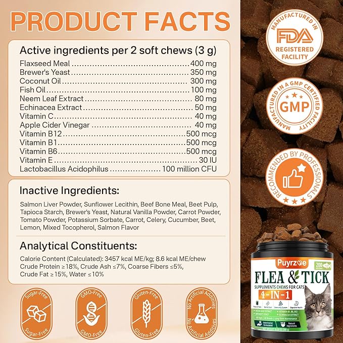 4-in-1 Flea Treatment for Cats Chewable, Natural Cat Flea and Tick Prevention Chewable Supplement for Skin & Coat | Immunity Support | Digestive | Flea & Tick Treatment for All Breeds & Sizes-PurrikoPets